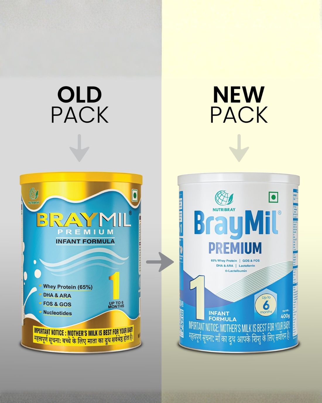 Braymil Premium 1 Infant Formula | 65% Whey Protein | GOS & FOS, DHA & ARA |Lactoferrin,α-Lactalbumin| For 0 to 6 Months baby| Tin Pack 400 gm