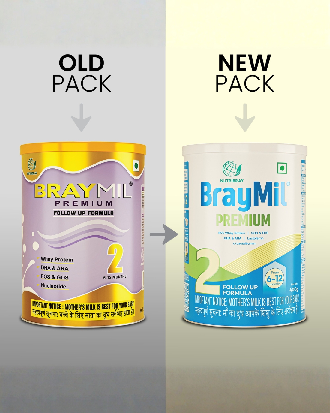 Braymil Premium 2 Follow up formula | 65% Whey Protein | GOS & FOS, DHA & ARA |Lactoferrin,α-Lactalbumin| For 6 to 12 Months baby| Tin Pack 400 gm