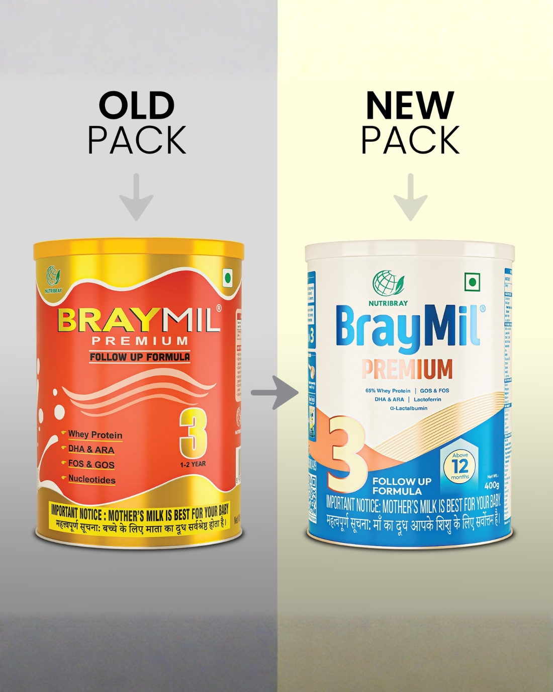 Braymil Premium 3  Follow Up Formula | 65% Whey Protein | GOS & FOS, DHA & ARA |Lactoferrin,α-Lactalbumin| For 12 + Months baby| Tin Pack 400 gm